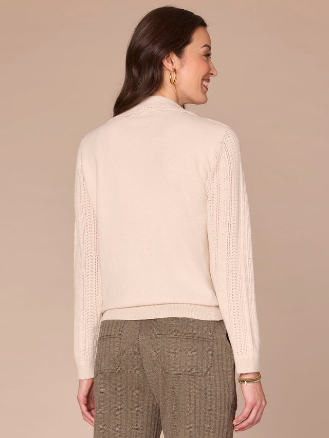 ECRU LONG SLEEVE V-NECK CROCHET SCALLOP COLLAR SWEATER