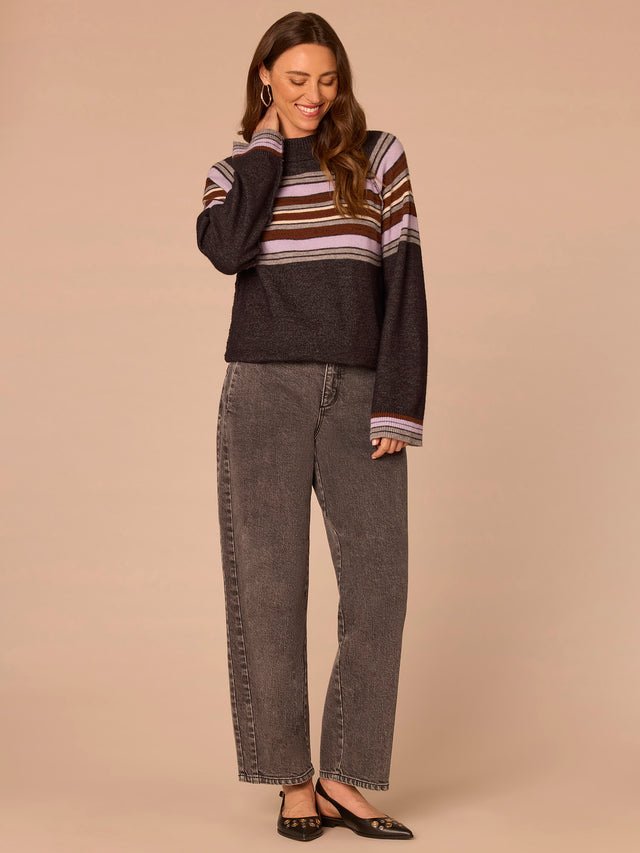 CHARCOAL LAVENDER MULTI MOCK NECK BUBBLE HEM SWEATER