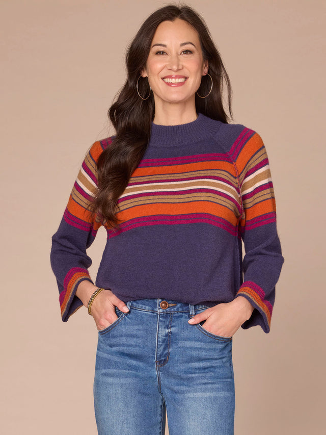 EVENING BLUE MOCK NECK STRIPE SWEATER
