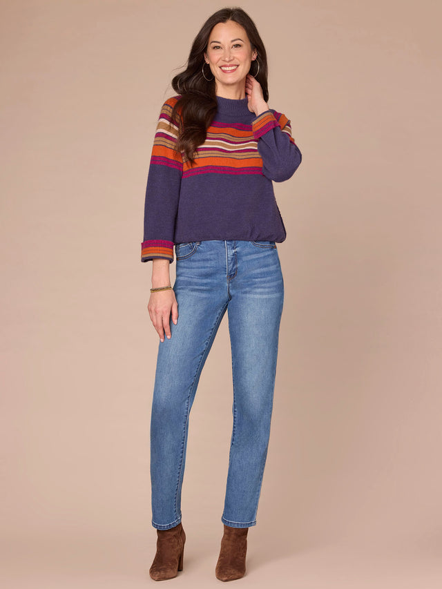 EVENING BLUE MOCK NECK STRIPE SWEATER