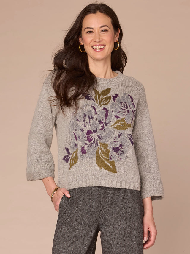 HEATHER GREY FLORAL JACQUARD SWEATER
