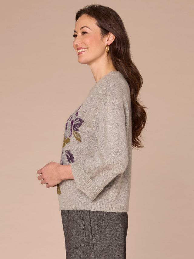 HEATHER GREY FLORAL JACQUARD SWEATER
