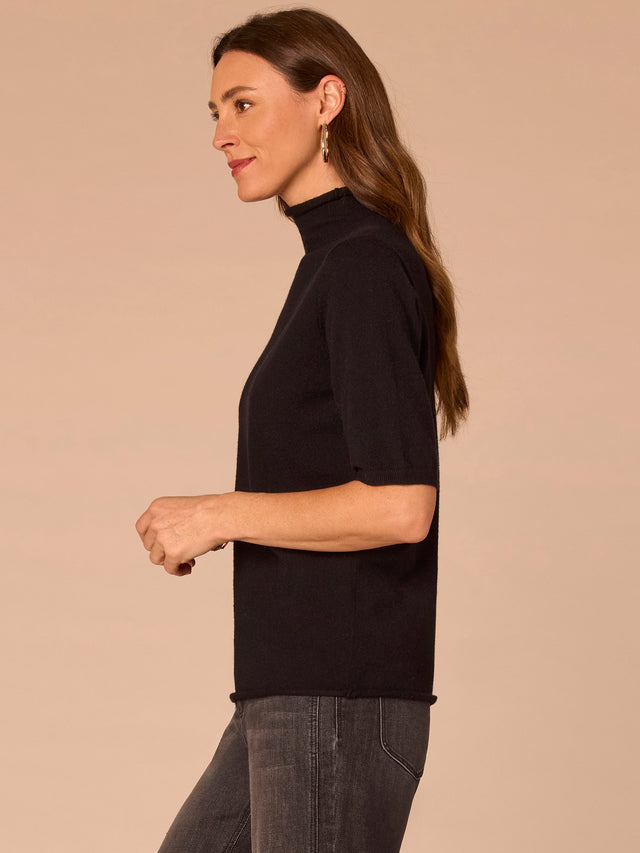 BLACK DRAPE MOCK NECK SHORT SLEEVE SWEATER