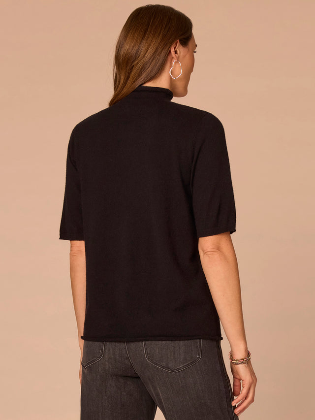 BLACK DRAPE MOCK NECK SHORT SLEEVE SWEATER