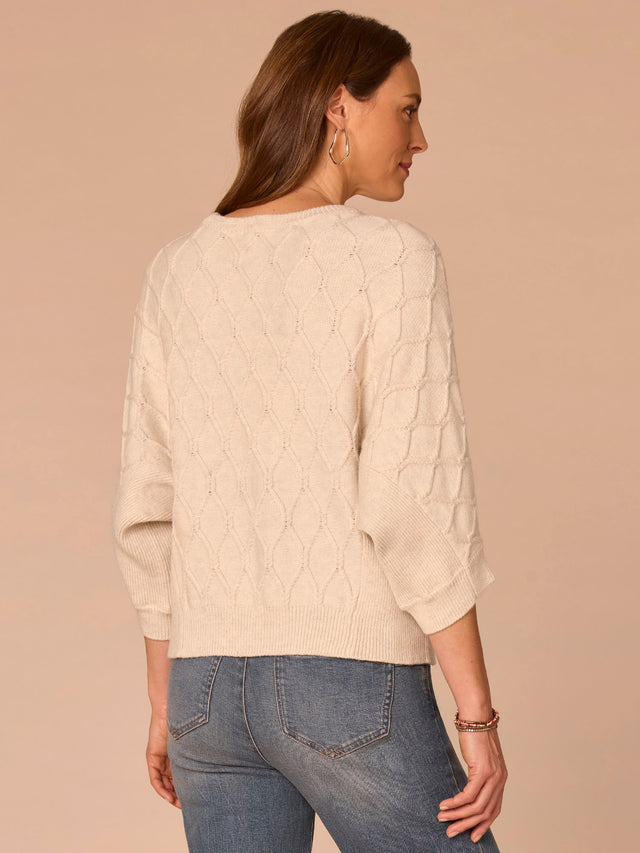 CREAM 3/4 SLEEVE GRID STITCH SWEATER
