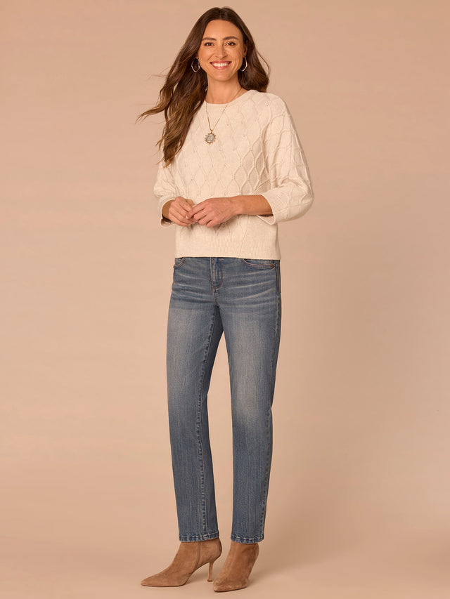 CREAM 3/4 SLEEVE GRID STITCH SWEATER