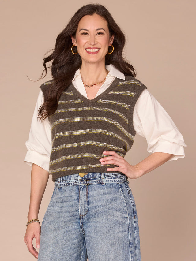 DUSTY OLIVE STRIPE TWOFER SWEATER VEST
