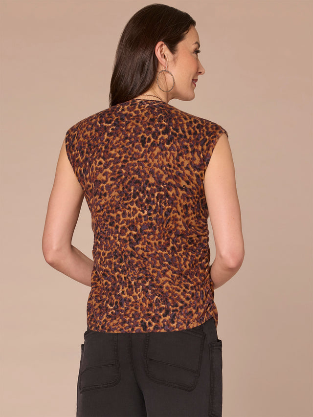 ANIMAL PRINT SLEEVELESS SWEATER WITH SIDE RUCHING