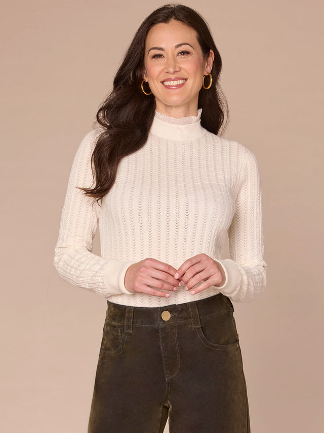 OFF WHITE POINTELLE SWEATER WITH LACE DETAIL
