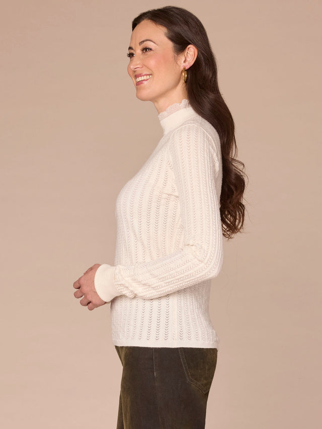 OFF WHITE POINTELLE SWEATER WITH LACE DETAIL
