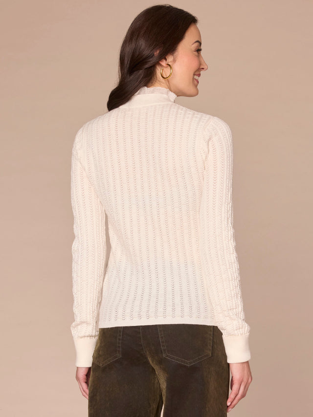OFF WHITE POINTELLE SWEATER WITH LACE DETAIL
