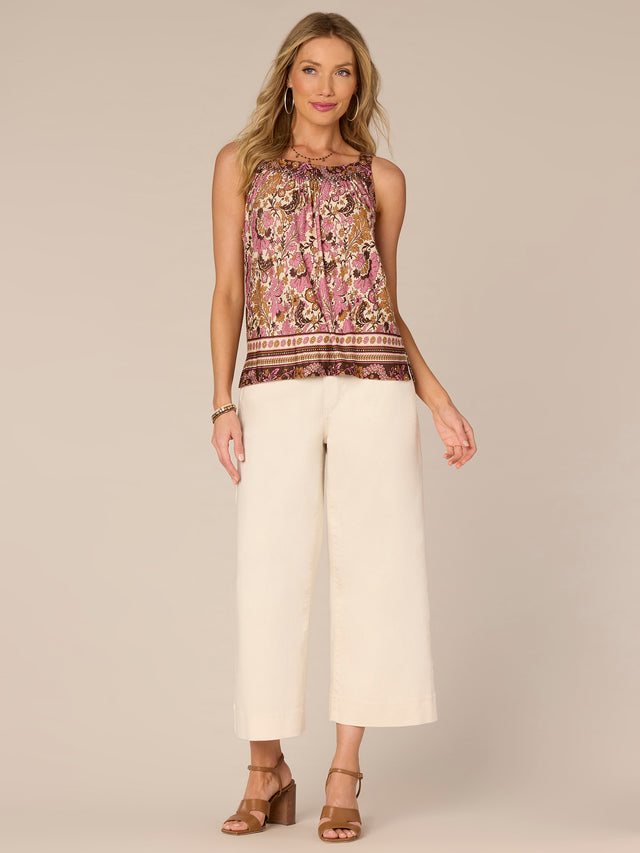 ECRU WILD MULBERRY SLEEVELESS SMOCKED BORDER PRINT TANK TOP