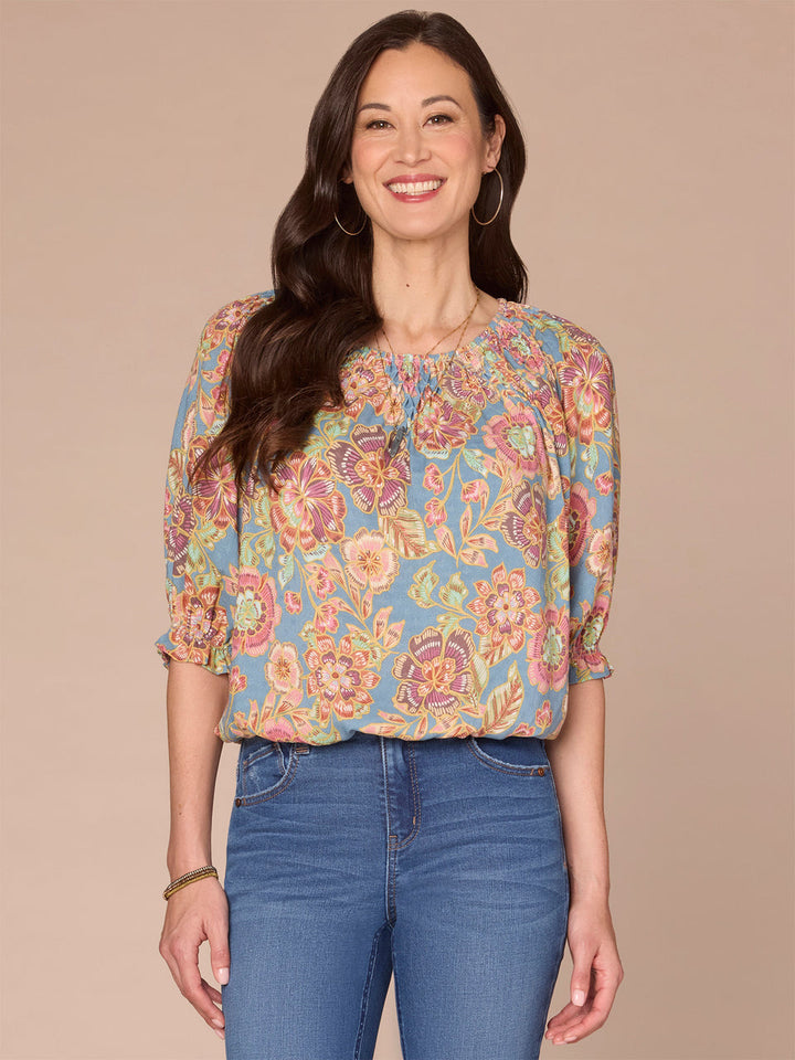 NILE BLUE PRINT ELBOW BLOUSON SLEEVE BLOUSE