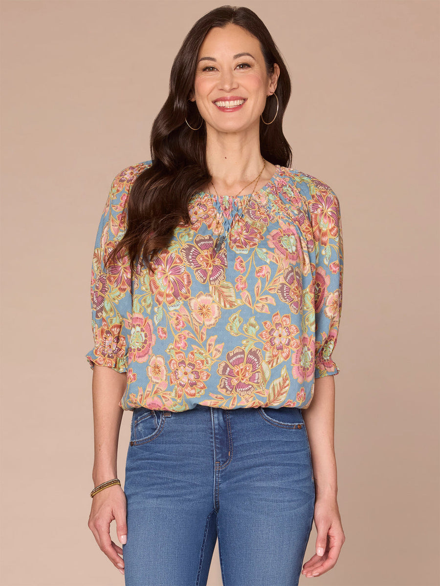 NILE BLUE PRINT ELBOW BLOUSON SLEEVE BLOUSE
