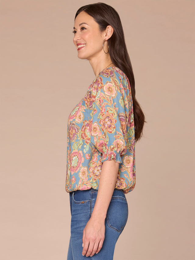 NILE BLUE PRINT ELBOW BLOUSON SLEEVE BLOUSE
