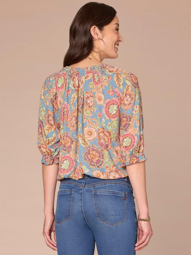 NILE BLUE PRINT ELBOW BLOUSON SLEEVE BLOUSE