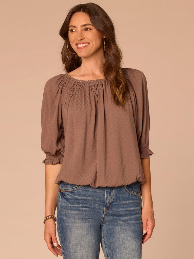 OYSTER MUSHROOM ELBOW BLOUSON SLEEVE SCOOP NECK BUBBLE HEM TOP