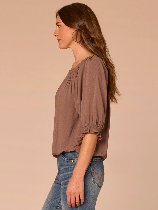 OYSTER MUSHROOM ELBOW BLOUSON SLEEVE SCOOP NECK BUBBLE HEM TOP