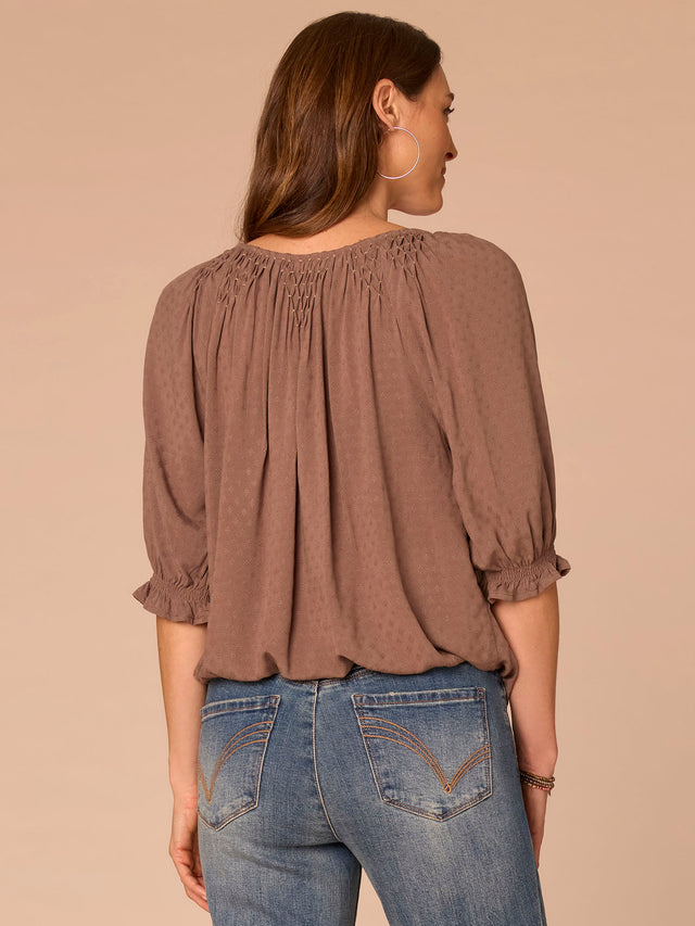 OYSTER MUSHROOM ELBOW BLOUSON SLEEVE SCOOP NECK BUBBLE HEM TOP