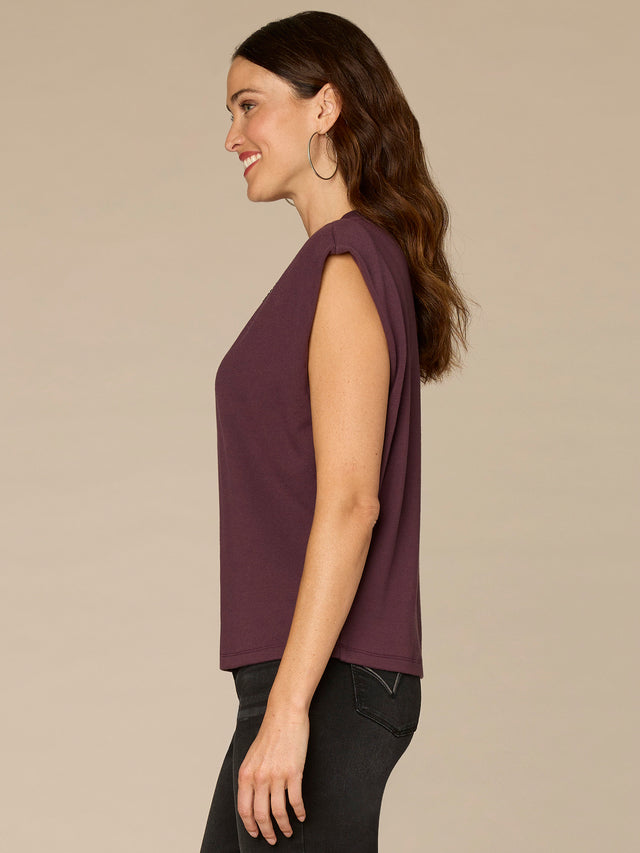 BEET EXTENDED CAP SLEEVE CREW NECK RHINESTONE CUT OUT KNIT TOP