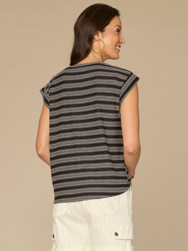 BLACK STRIPE CAP SLEEVE KNIT TOP
