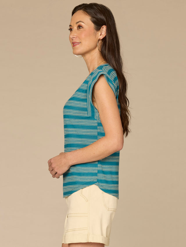 OCEAN DEPTHS STRIPE CAP SLEEVE KNIT TOP
