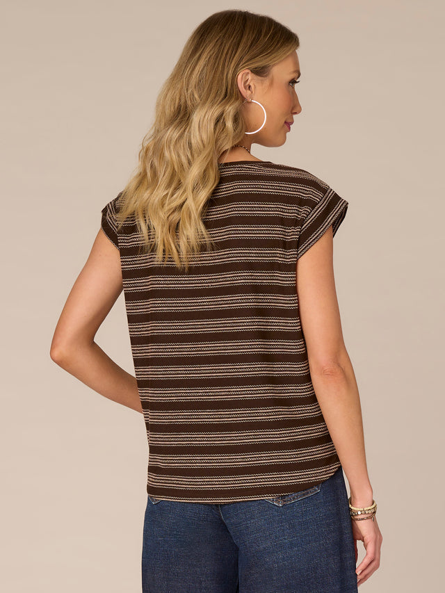 DARK ROAST STRIPE CAP SLEEVE KNIT TOP