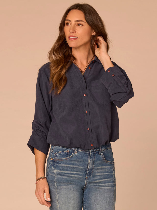 ORION BLUE 3/4 SLEEVE BUBBLE HEM SHIRT