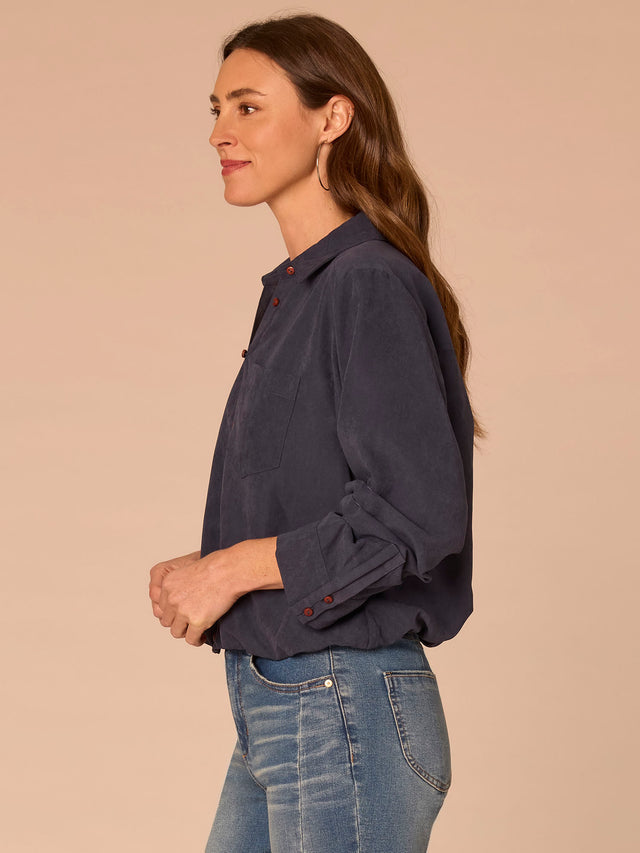ORION BLUE 3/4 SLEEVE BUBBLE HEM SHIRT