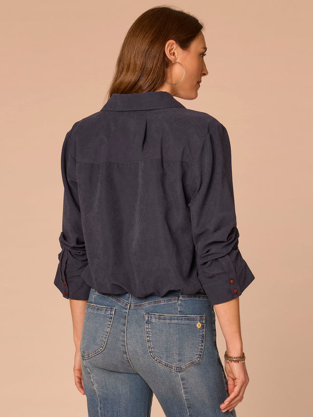 ORION BLUE 3/4 SLEEVE BUBBLE HEM SHIRT