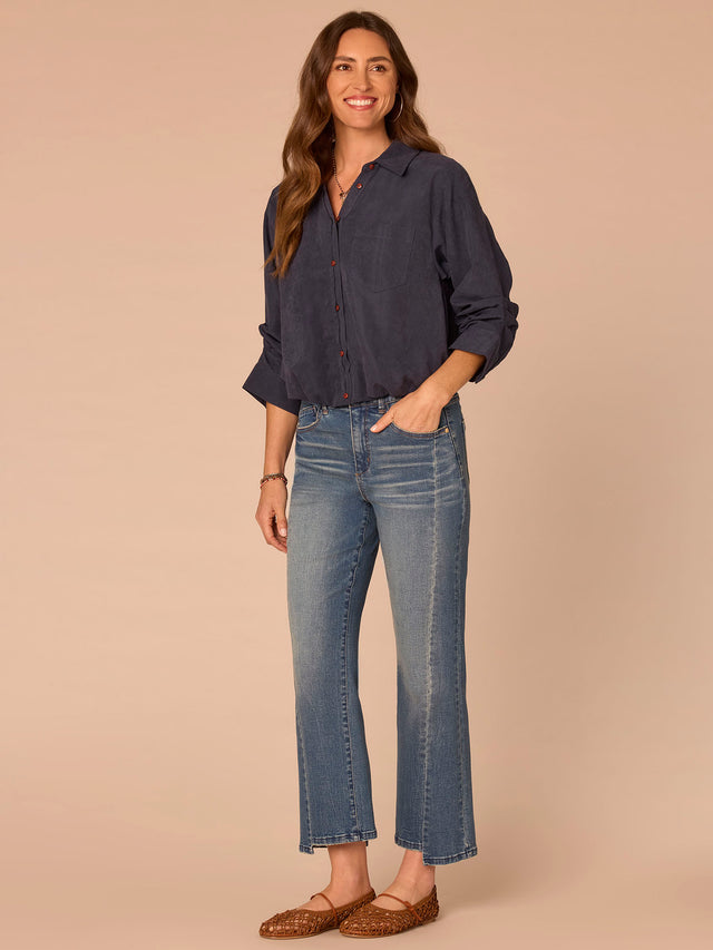 ORION BLUE 3/4 SLEEVE BUBBLE HEM SHIRT
