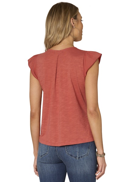 Cashmere Rose Flutter Sleeve V-Neck Embroidered Bodice Mixed Media Knit Top