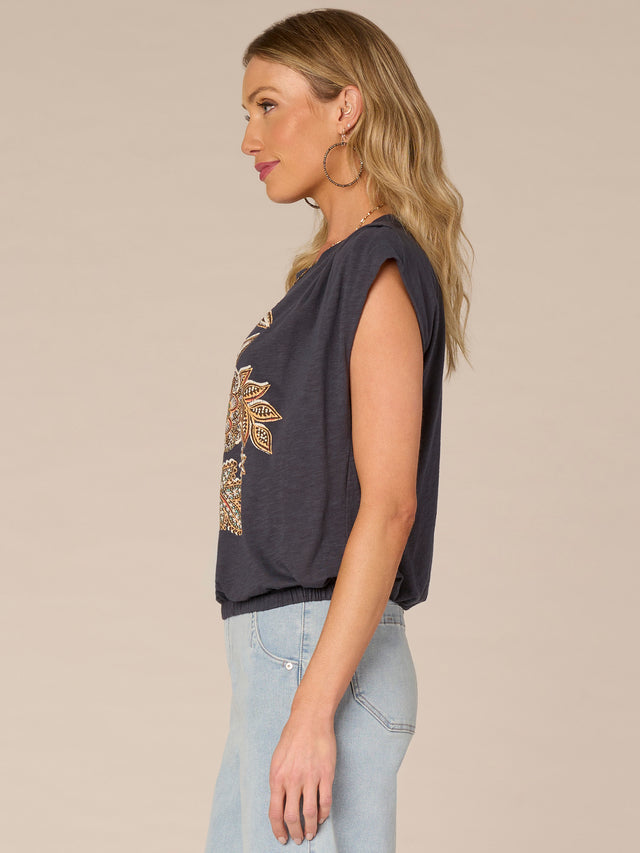SHADOW Origami Cap Sleeve Scoop Neck  Printed Knit Top
