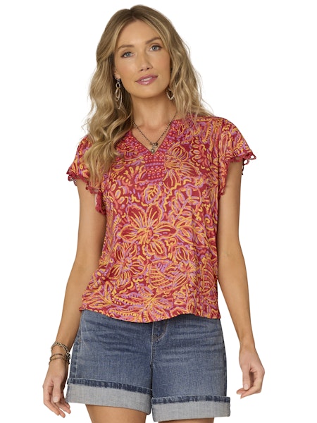 CASHMERE ROSE PRINT FLUTTEER SLEEVE BLOUSE
