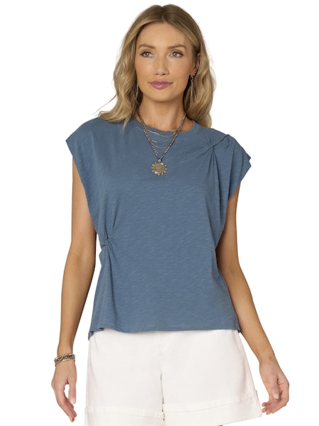 TEAL ORAGAMI CAP SLEEVE ASYMMETRICAL TWIT KNIT TOP