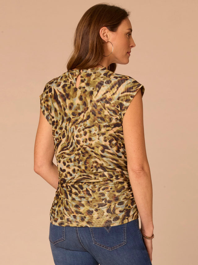 GOLDEN OLIVE EXTENDED CAP SLEEVE ANIMAL PRINT TOP