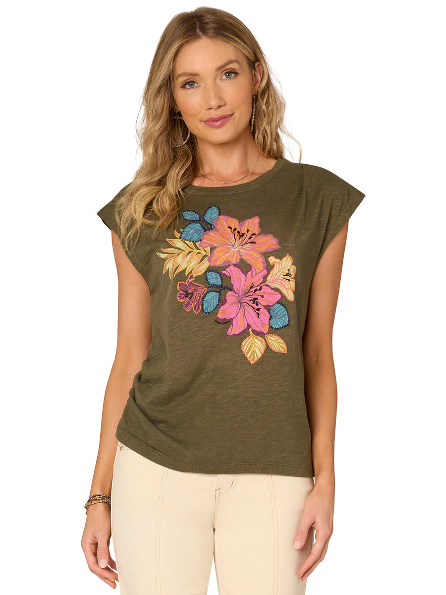 ORAGAMI CAP SLEEVE SCREEN PRINT KNIT TOP

