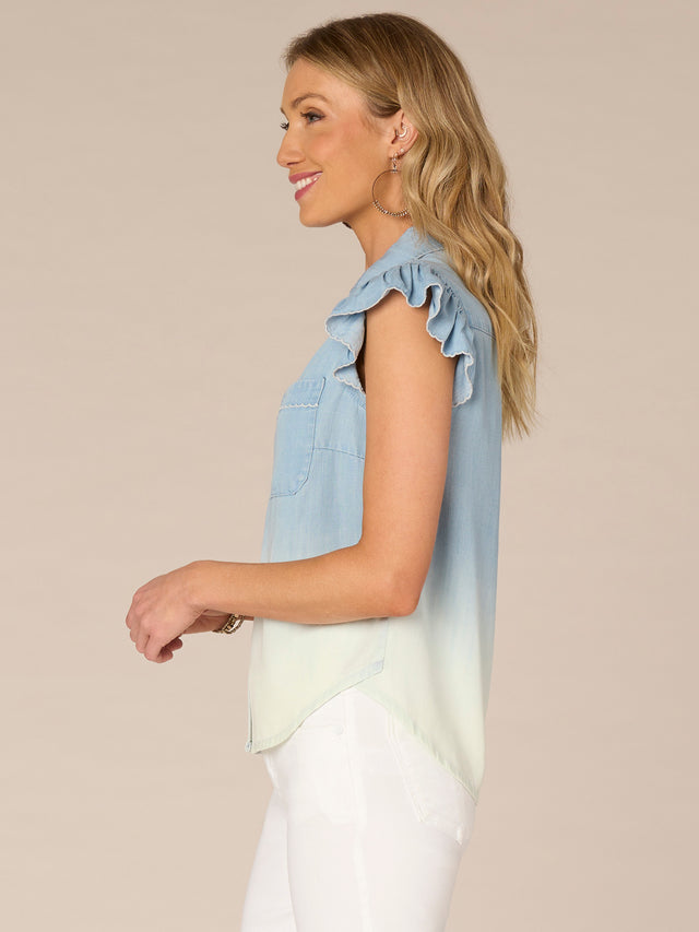 LIGHT BLUE & WHITE FLUTTER SLEEVE TENCEL DENIM SHIRT
