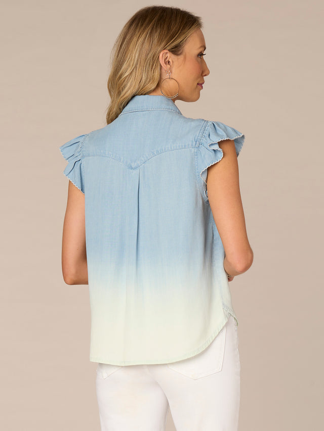 LIGHT BLUE & WHITE FLUTTER SLEEVE TENCEL DENIM SHIRT