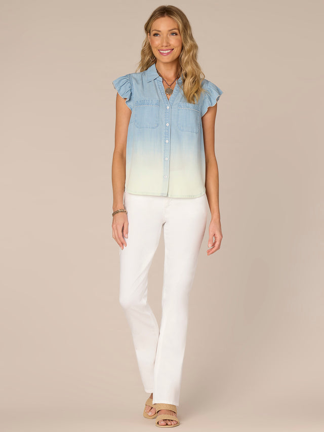 LIGHT BLUE & WHITE FLUTTER SLEEVE TENCEL DENIM SHIRT