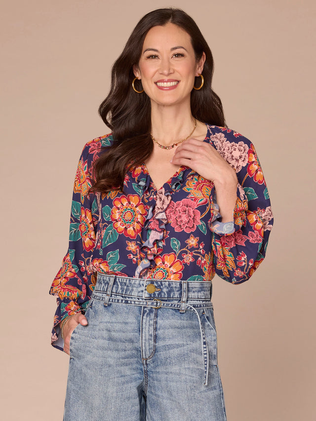 NAVY FLORAL FLOUNCE SLEEVE BLOUSE
