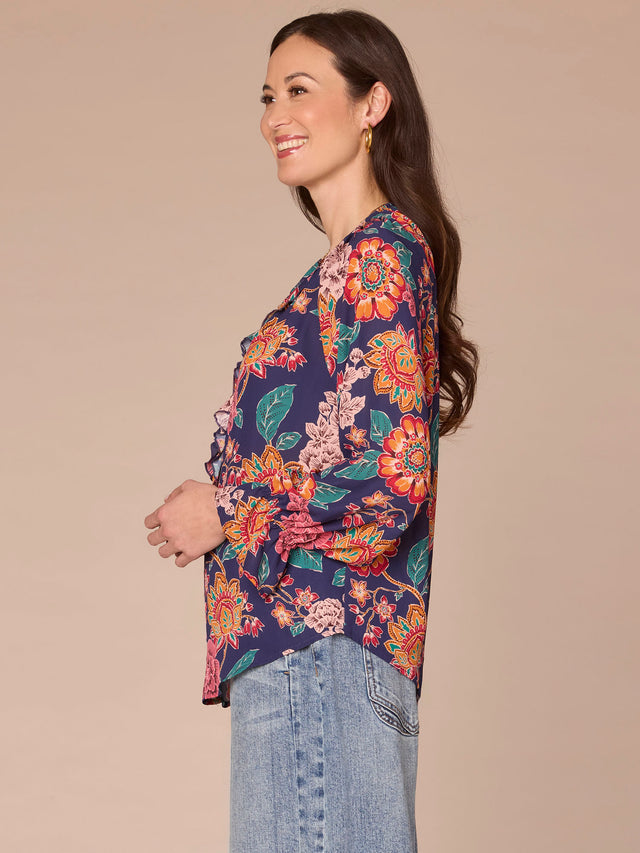 NAVY FLORAL FLOUNCE SLEEVE BLOUSE
