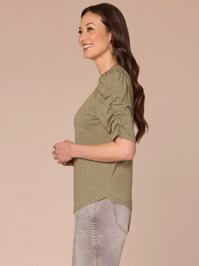 HEATHER OREGANO PUFF ELBOW SLEEVE TOP
