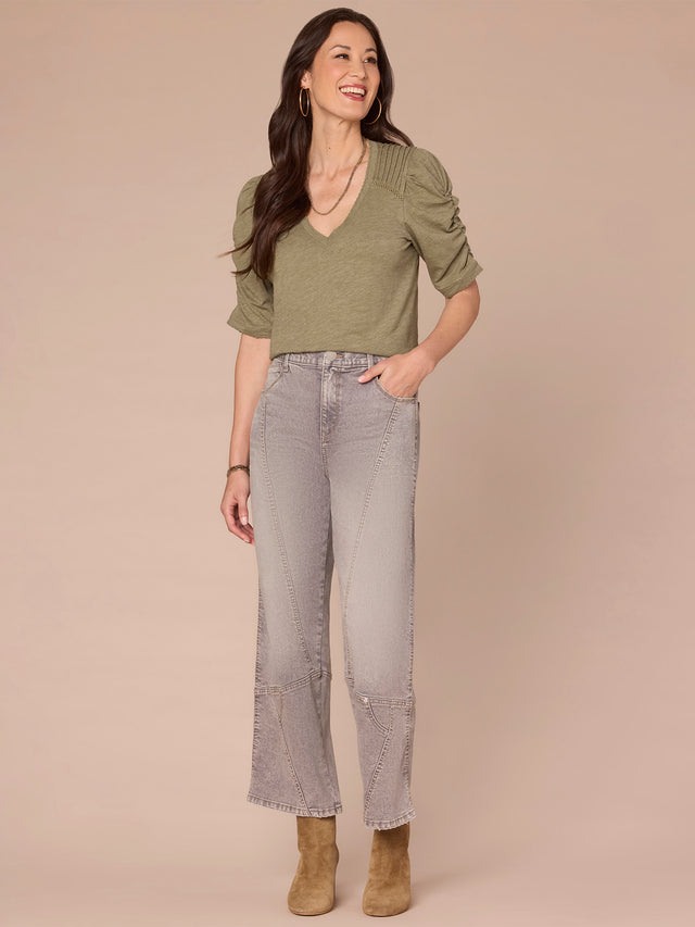 HEATHER OREGANO PUFF ELBOW SLEEVE TOP

