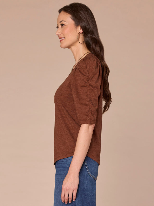 RUSTIC BROWN PUFF ELBOW SLEEVE KNIT TOP