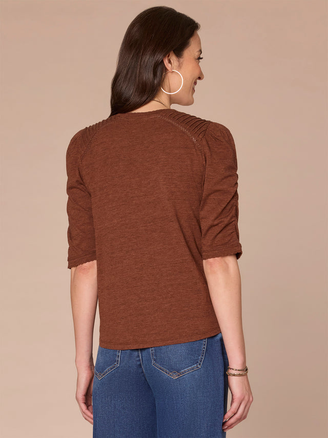 RUSTIC BROWN PUFF ELBOW SLEEVE KNIT TOP