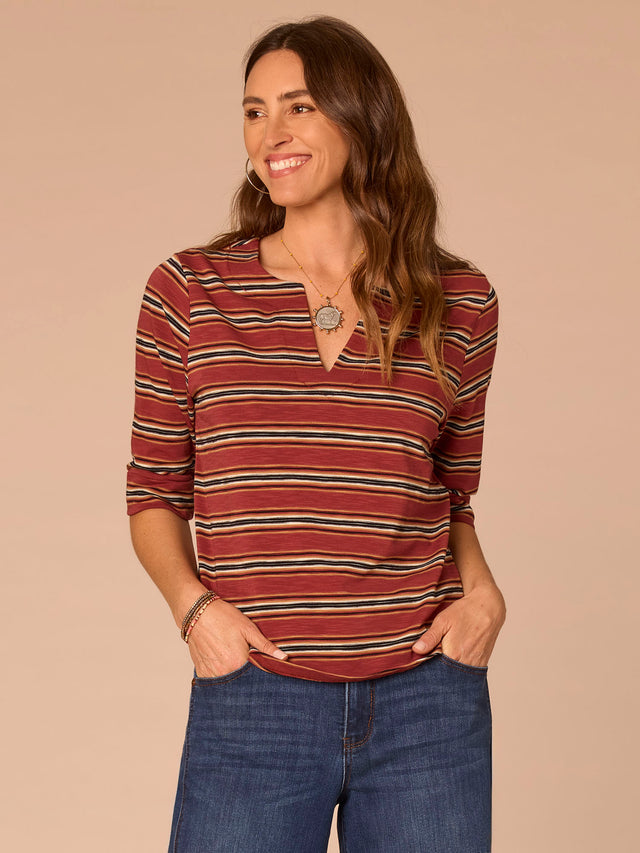 BURNT HENNA MULTI STRIPE CUFFED ELBOW SLEEVE TOP
