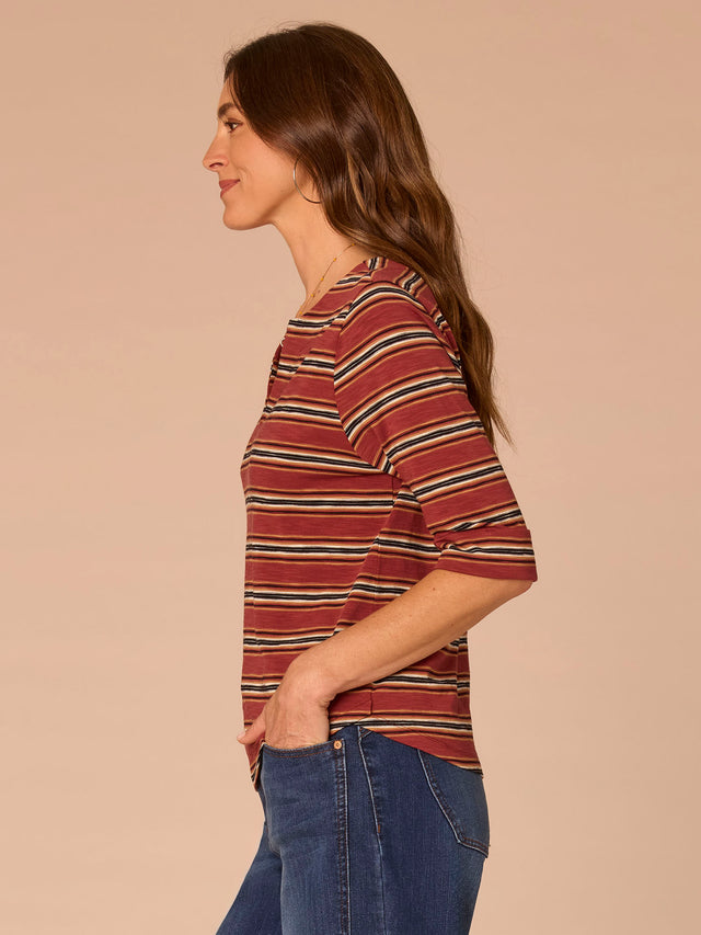 BURNT HENNA MULTI STRIPE CUFFED ELBOW SLEEVE TOP