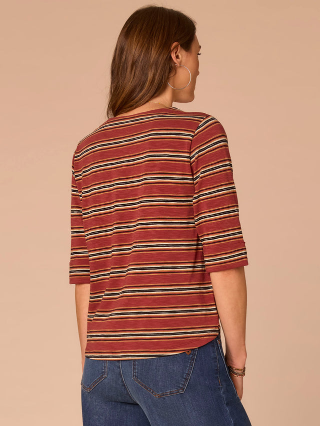 BURNT HENNA MULTI STRIPE CUFFED ELBOW SLEEVE TOP