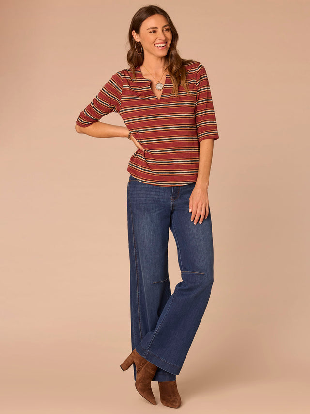 BURNT HENNA MULTI STRIPE CUFFED ELBOW SLEEVE TOP